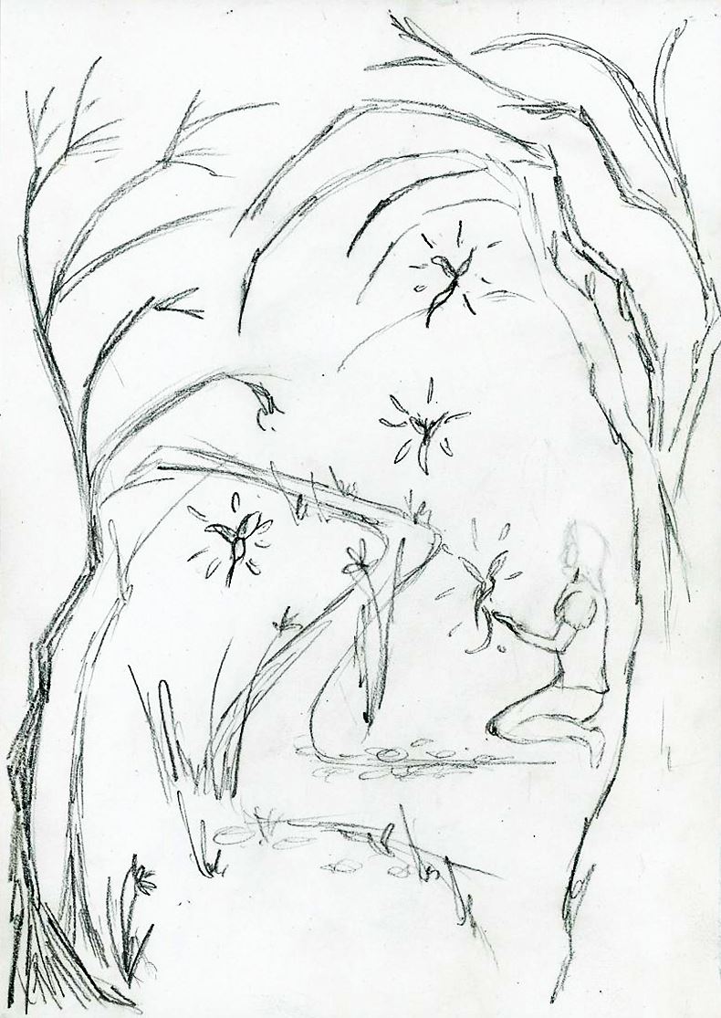 A figure kneeling in a clearing, reaching out to the plants and seed heads growing around her
