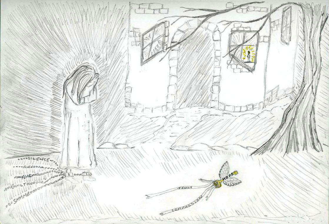 A hooded figure stands chained, the chains labelled silence, sorrow, fear, guilt and shame. On the ground nearby lies a winged key labelled hope, trust and compassion, and a lit window glows in the ruin behind