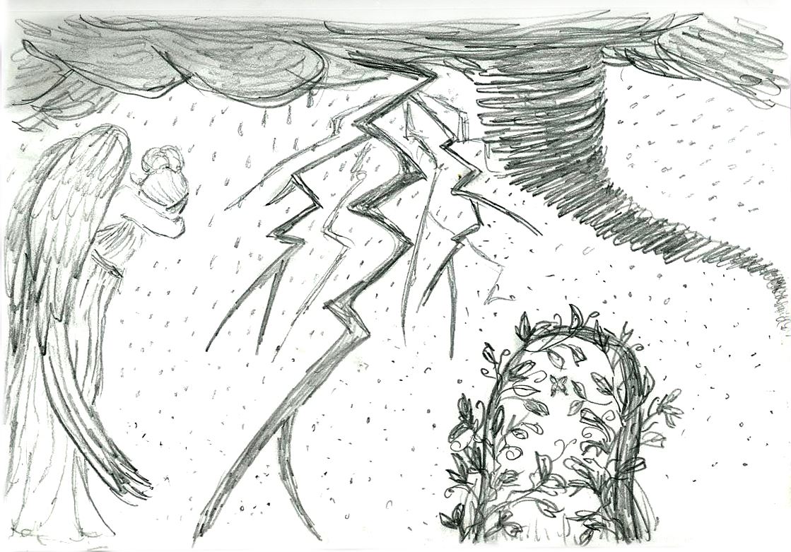 An angel stands in driving rain beneath a storm and lightning. To one side, a small archway of green leaves is growing