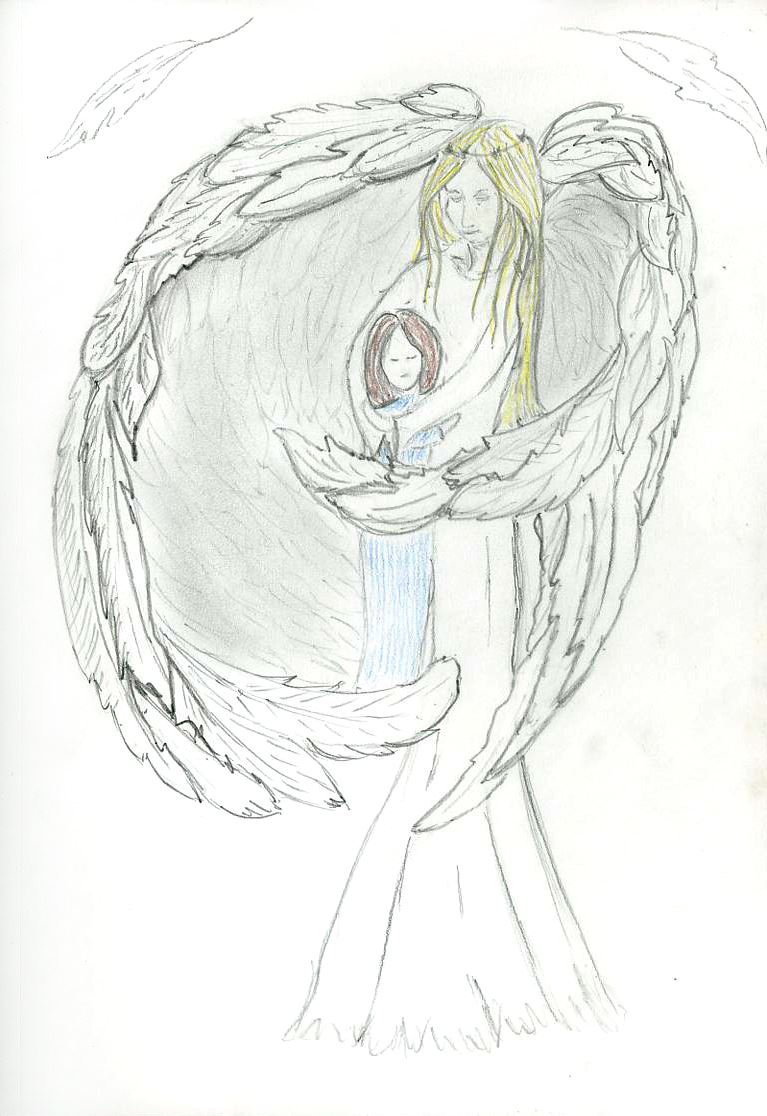 An angel with wide wings holding a small child safely in her arms