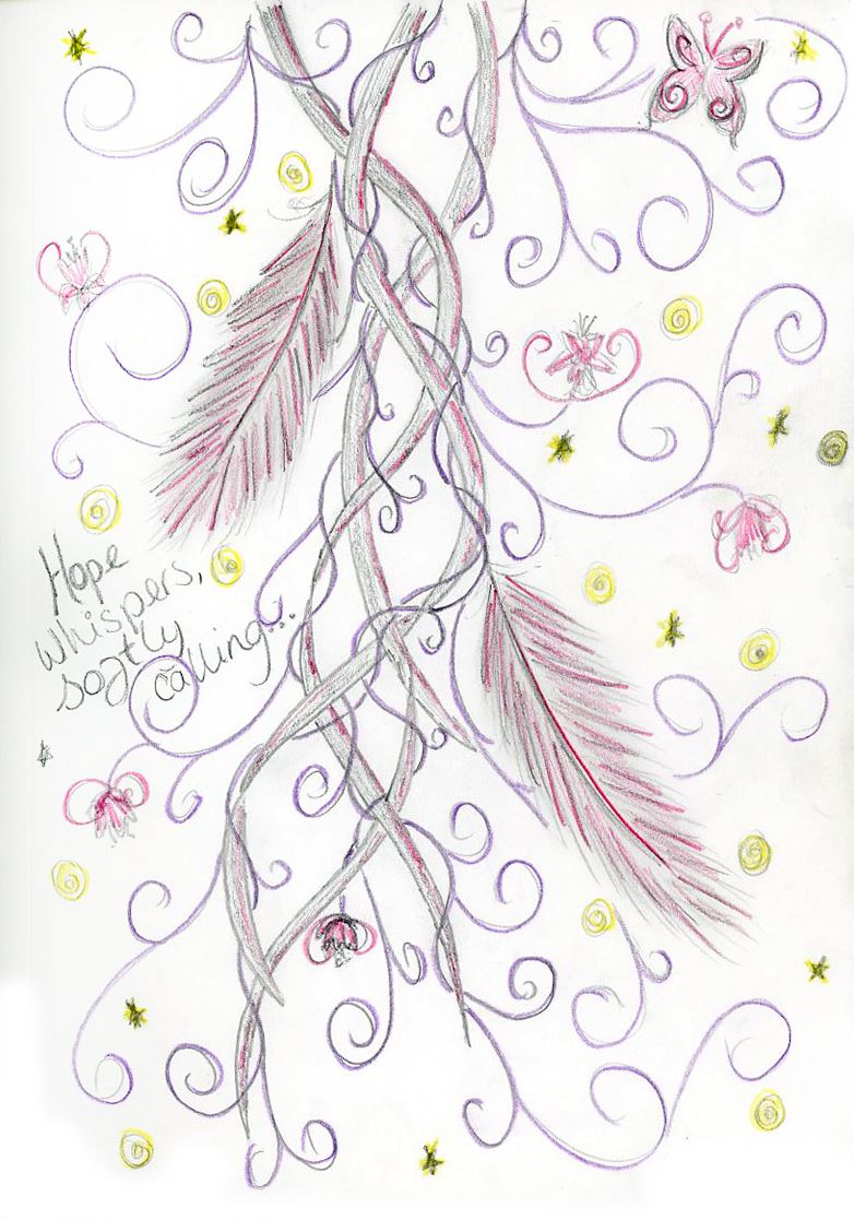 Trailing stems and feathers among curling vines, butterflies and small stars, with the handwritten line: Hope whispers, softly calling