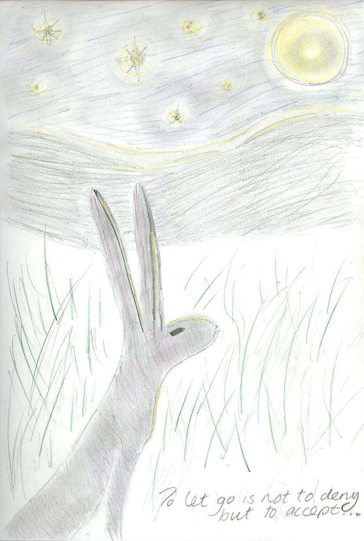A hare sitting up in long grass under a night sky, with the handwritten line: To let go is not to deny but to accept
