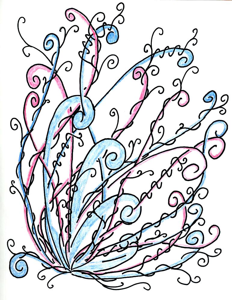 A burst of leaves and curling tendrils drawn in ink with blue and pink